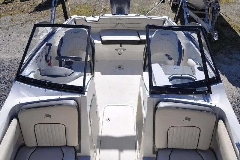 Slide: The Image of 2021 Stingray 201 DS boat interior with seating and windshield, viewed from above. - 21