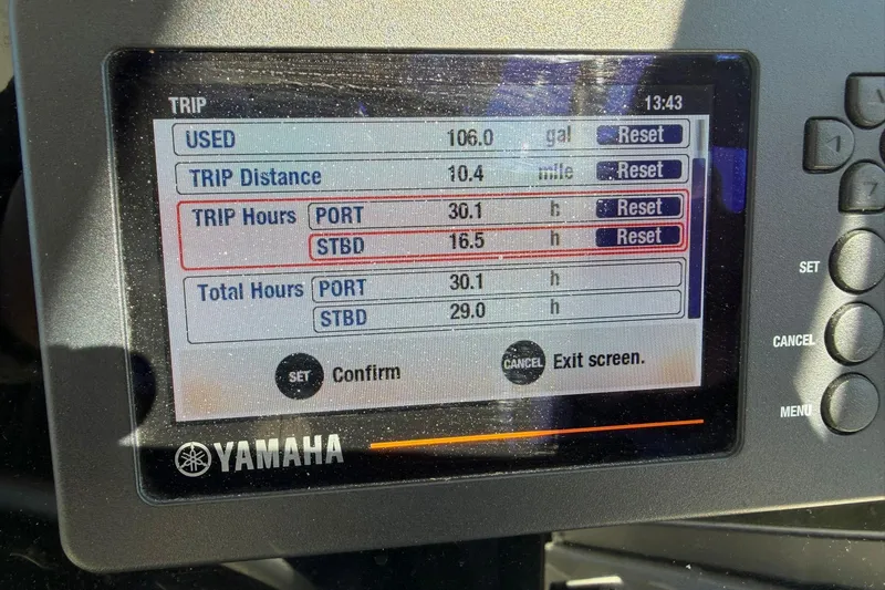 Slide: The Image of Yamaha display showing trip data for 2023 World Cat 255 DC boat. - 25