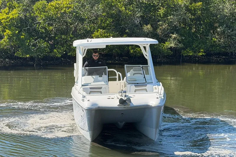 Slide: The Image of 2023 World Cat 255 DC boat navigating calm waters near lush greenery. - 3