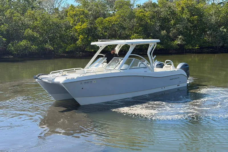 Slide: The Image of 2023 World Cat 255 DC boat cruising on a calm river surrounded by lush greenery. - 5