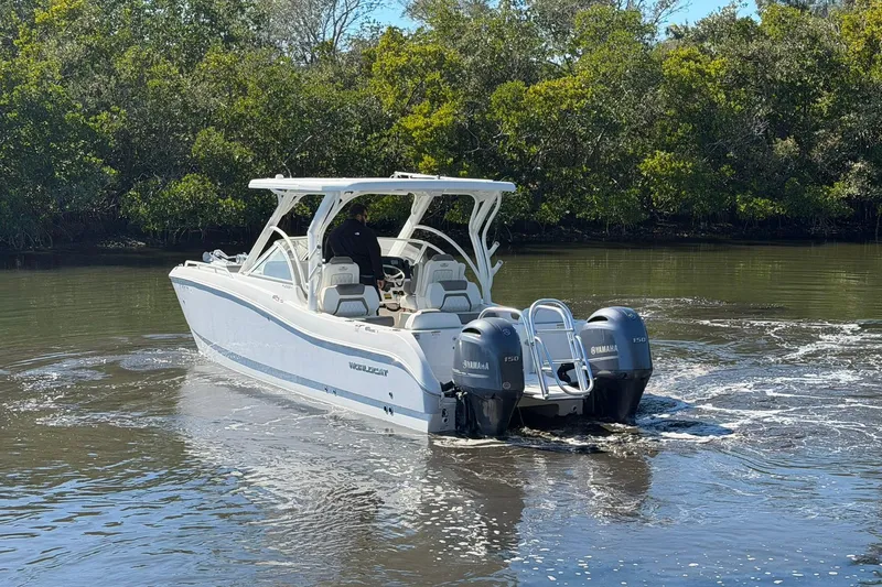 Slide: The Image of 2023 World Cat 255 DC boat with dual Yamaha engines on a calm river. - 8