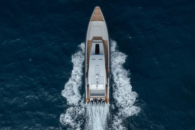 Slide: The Image of Aerial view of 2022 Novamarine BS 160 Outboard cruising on open water. - 6