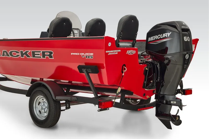 Slide: The Image of Manufacturer Provided Image: 2026 Tracker Pro Guide V-16 SC boat with Mercury 60 outboard motor, red exterior. - 55