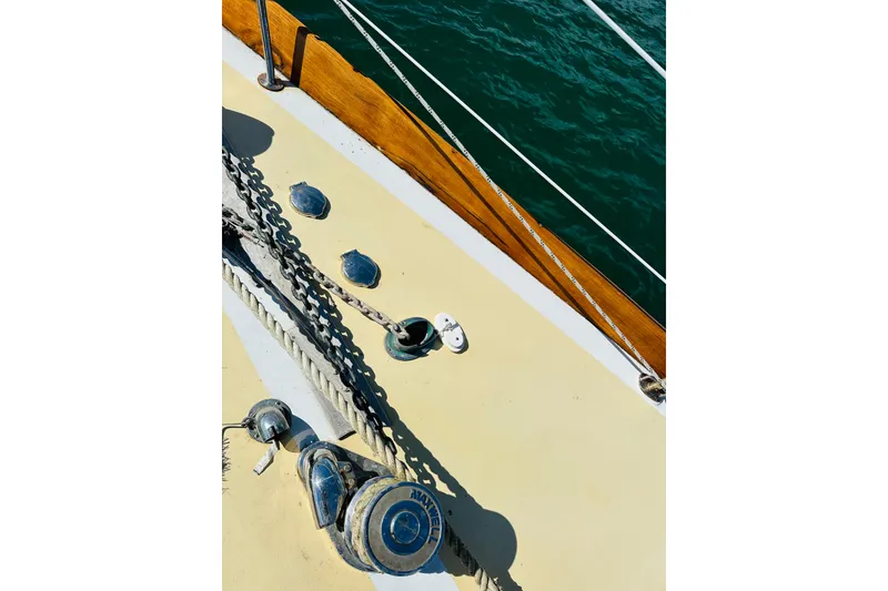Slide: The Image of Deck of 1971 Alden Boothbay Explorer sailboat with ropes and chains. - 14