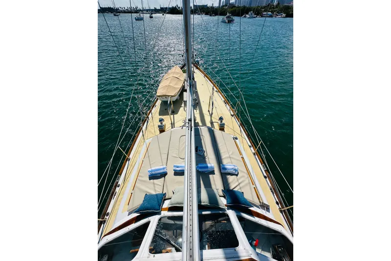 Slide: The Image of Alden Boothbay Explorer 1971 yacht deck with cushions and towels on a sunny day. - 18