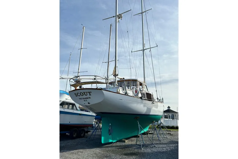 Slide: The Image of 1971 Alden Boothbay Explorer sailboat on stands, Sag Harbor, NY. - 3
