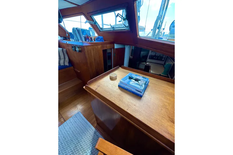 Slide: The Image of Interior of 1971 Alden Boothbay Explorer with wooden furnishings and nautical decor. - 57