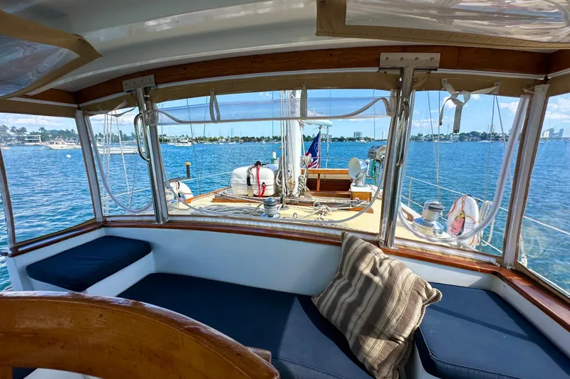Slide: The Image of Interior view of 1971 Alden Boothbay Explorer yacht with scenic ocean backdrop. - 78