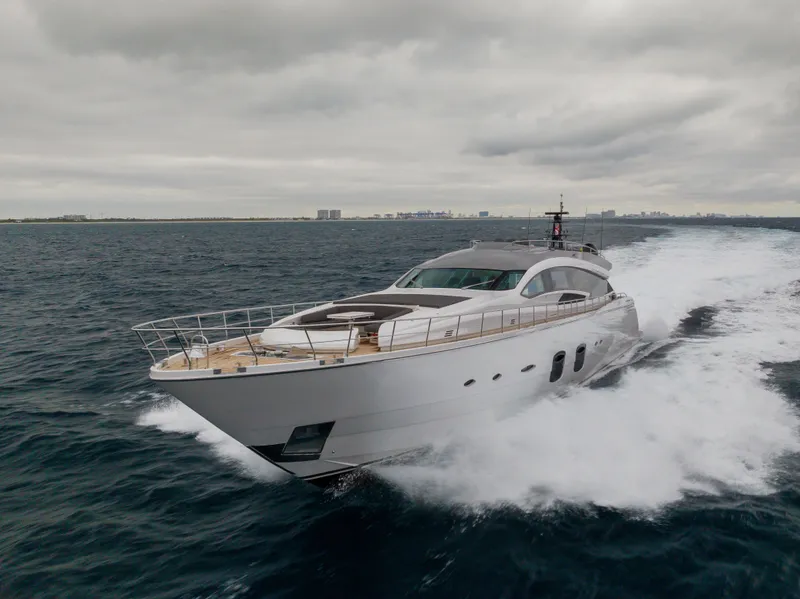 The Image of Luxury Pershing 108 yacht cruising on open sea under cloudy skies, 2018 model. - 0