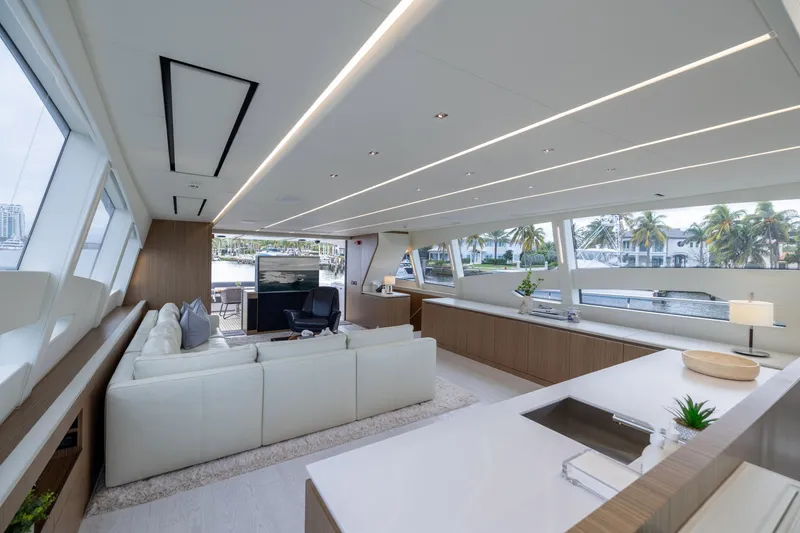 Slide: The Image of Luxurious interior of 2018 Pershing 108 yacht with modern design and panoramic windows. - 40