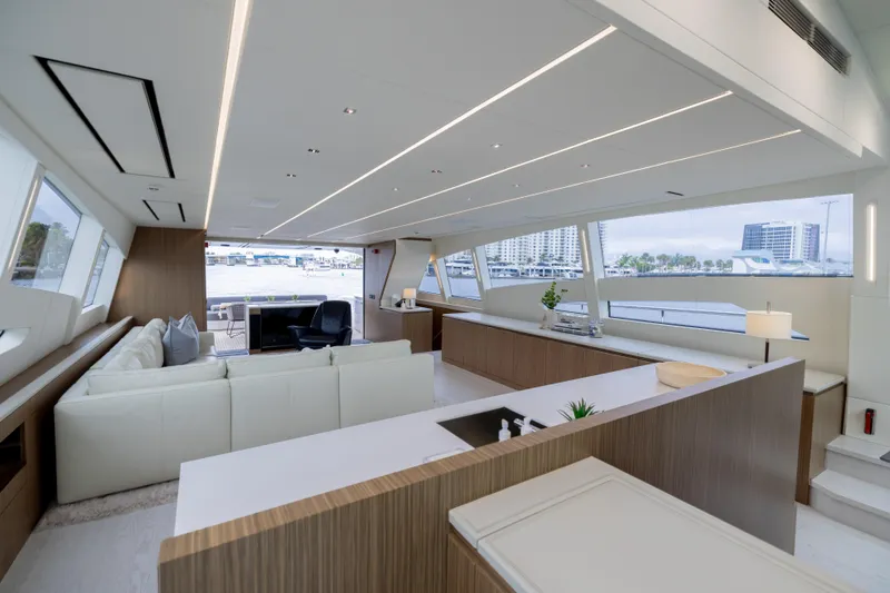 Slide: The Image of Luxurious interior of 2018 Pershing 108 yacht with modern design and panoramic windows. - 42
