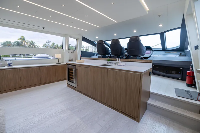 Slide: The Image of Luxurious interior of 2018 Pershing 108 yacht with modern design and sleek furnishings. - 44