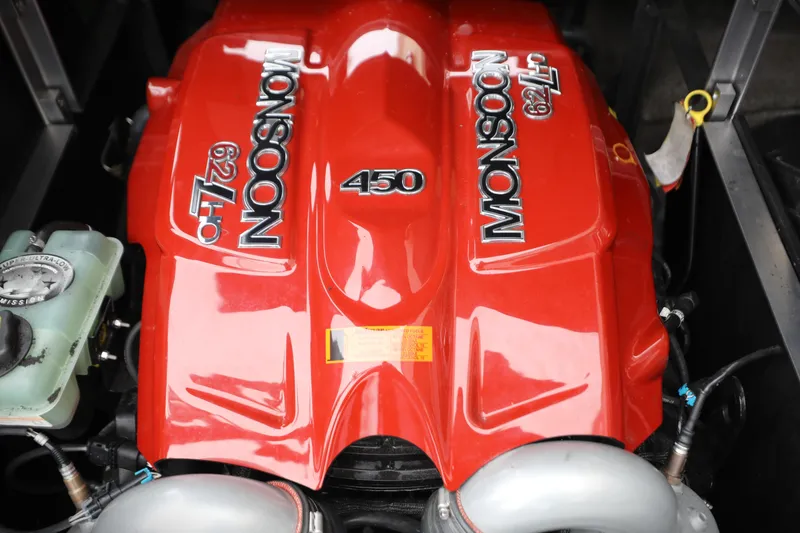 Slide: The Image of Red Monsoon 6.2L engine in 2017 Malibu Wakesetter 22 MXZ boat. - 2