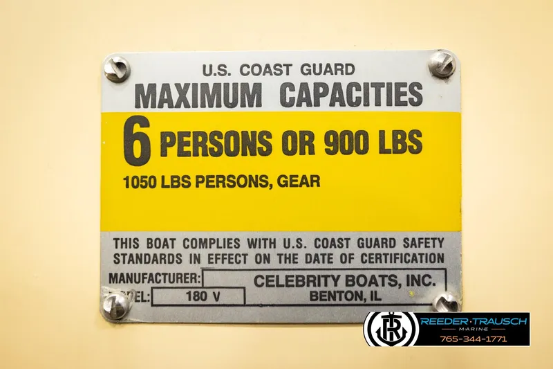 Slide: The Image of U.S. Coast Guard capacity plate for 1988 Celebrity 180 V boat, 6 persons or 900 lbs. - 44