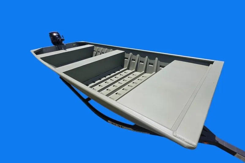 Slide: The Image of 2025 Weldcraft 1652-RL boat on trailer, blue background, side view. - 13