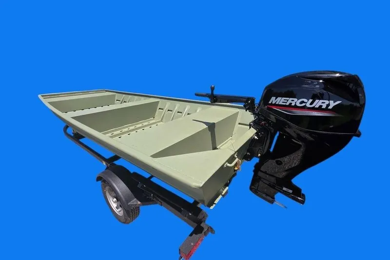 Slide: The Image of 2025 Weldcraft 1652-RL boat with Mercury outboard motor on trailer, blue background. - 2