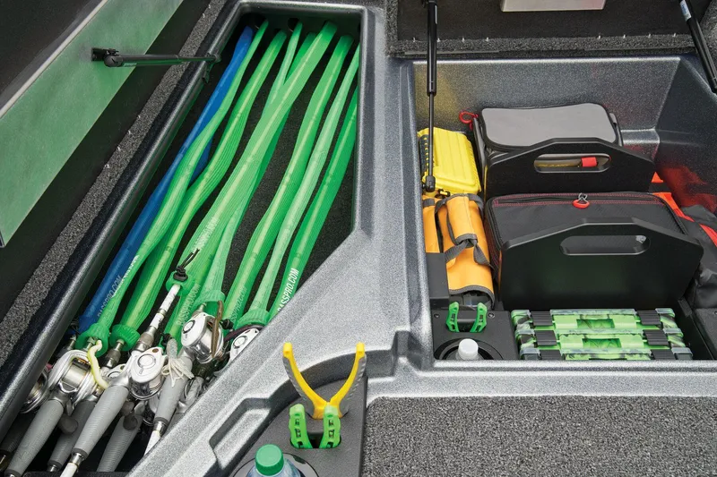 Slide: The Image of Manufacturer Provided Image: Fishing gear storage in 2026 Nitro Z18 Pro boat, featuring organized rods and equipment compartments. - 39