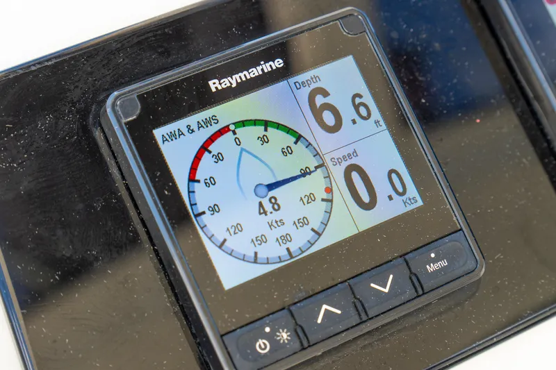 Slide: The Image of Raymarine display on 2023 Lagoon 46 showing depth and speed readings. - 19