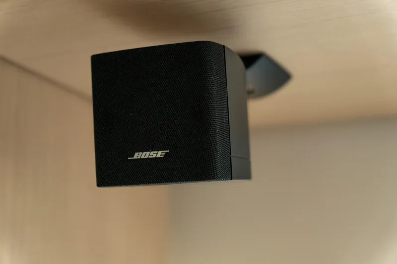 Slide: The Image of Bose speaker mounted on a 2023 Lagoon 46 yacht interior ceiling. - 45
