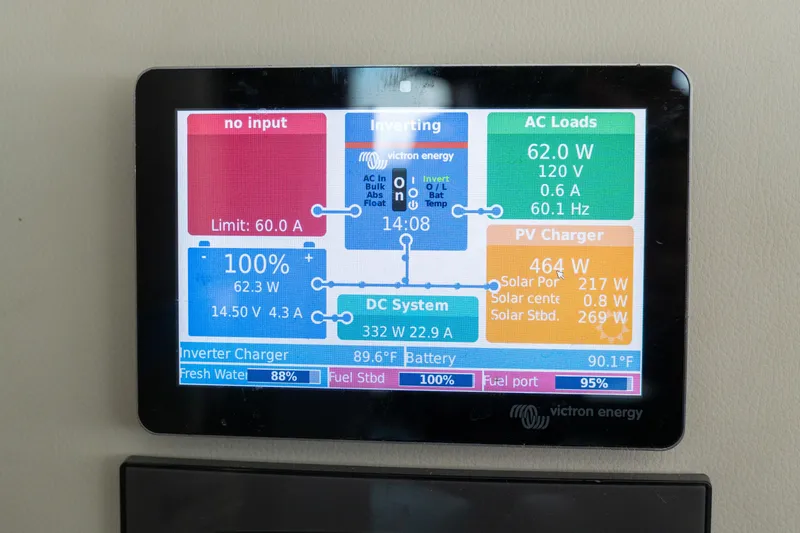 Slide: The Image of Touchscreen display showing power management on a 2023 Lagoon 46 catamaran. - 50