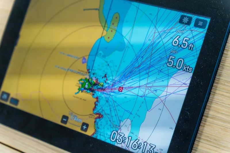 Slide: The Image of Navigation display on Lagoon 46 yacht, showing depth and speed data. - 55