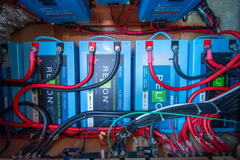 Slide: The Image of Battery setup in 2023 Lagoon 46 yacht, featuring RELiON lithium iron phosphate batteries. - 91