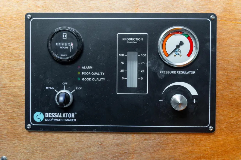 Slide: The Image of Control panel of Dessalator Duo water maker on 2023 Lagoon 46 yacht. - 98