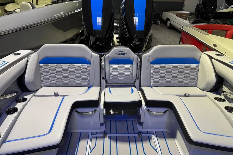 Slide: The Image of 2025 Sunsation 32 CCX boat interior with stylish seating and modern design. - 9
