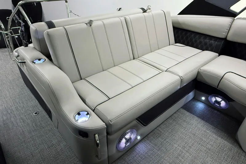Slide: The Image of Luxurious seating on 2026 Barletta Lusso 25UA boat with elegant upholstery and ambient lighting. - 15