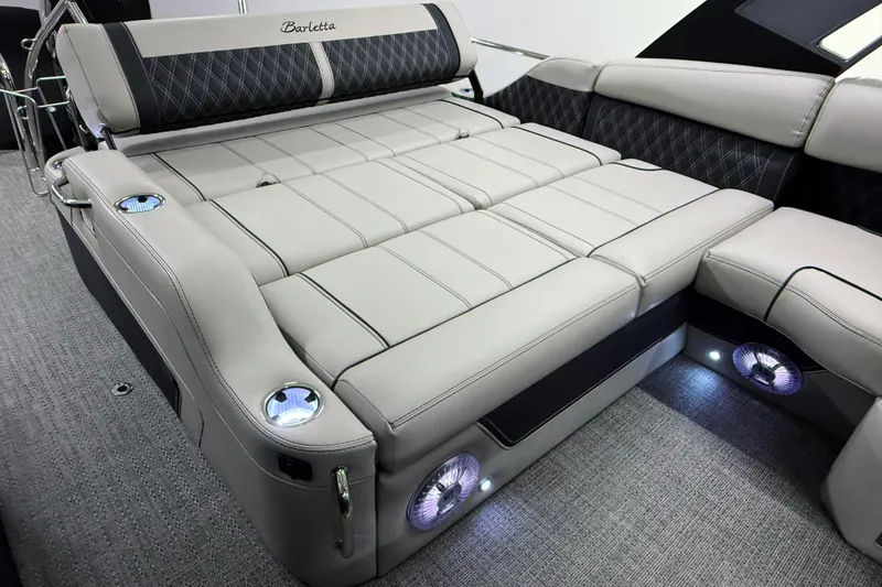 Slide: The Image of Luxurious seating on 2026 Barletta Lusso 25UA boat with elegant upholstery and ambient lighting. - 16
