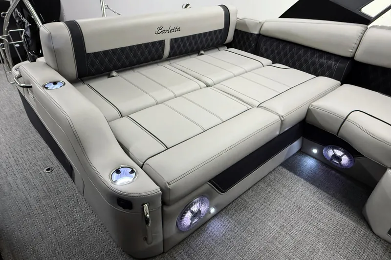 Slide: The Image of Luxurious seating on 2026 Barletta Lusso 25UA boat with elegant upholstery and ambient lighting. - 17