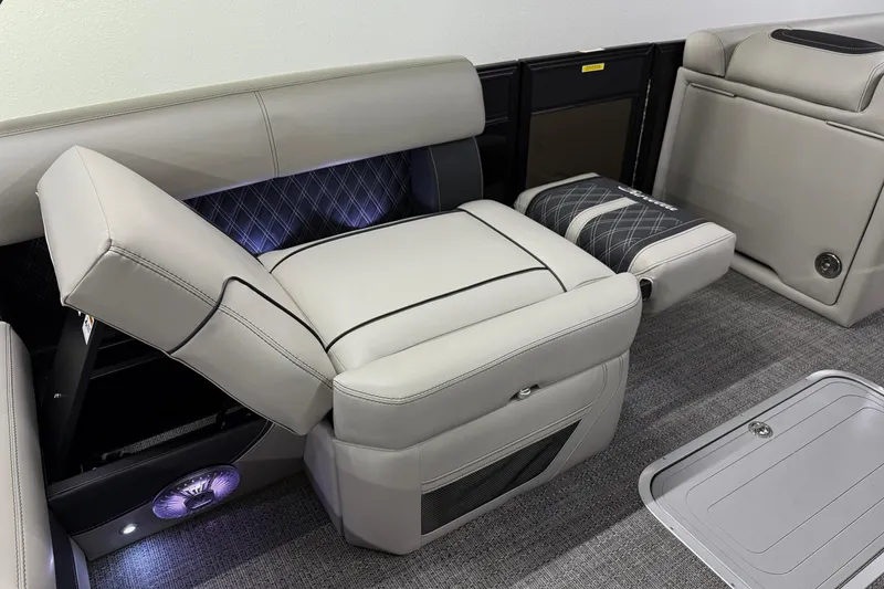 Slide: The Image of Luxurious seating in 2026 Barletta Lusso 25UA pontoon boat with elegant upholstery and ambient lighting. - 21