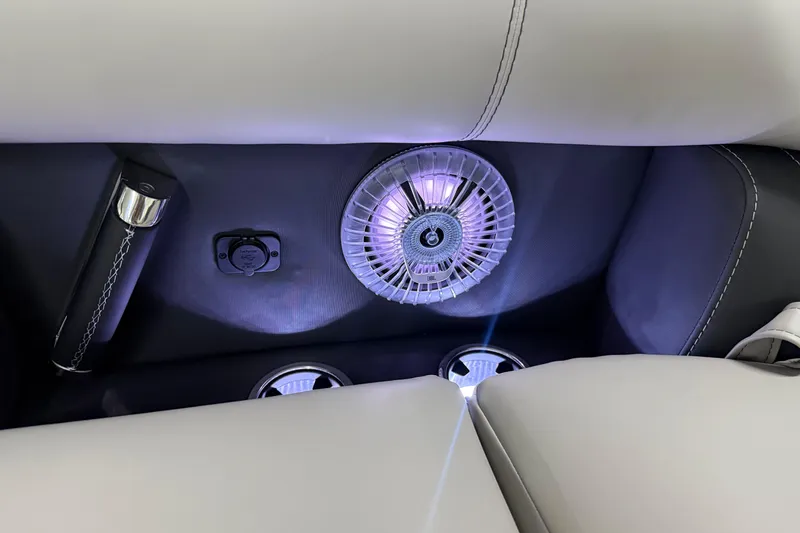 Slide: The Image of Interior of 2026 Barletta Lusso 25UA with illuminated speaker and luxurious seating. - 46