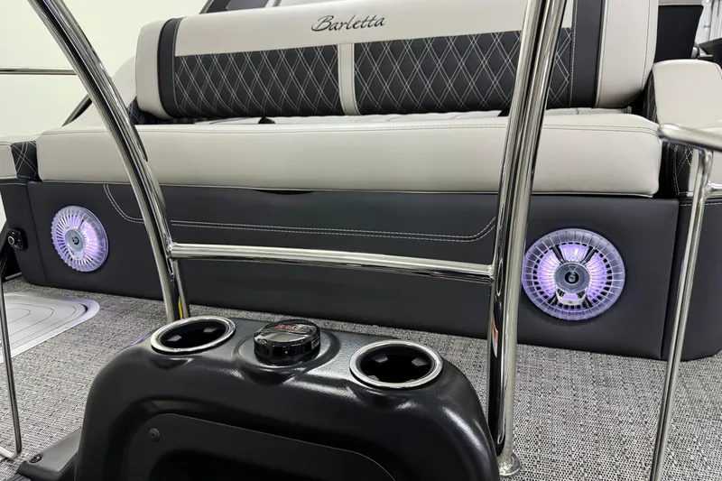 Slide: The Image of Luxurious 2026 Barletta Lusso 25UA boat interior with stylish seating and illuminated speakers. - 7