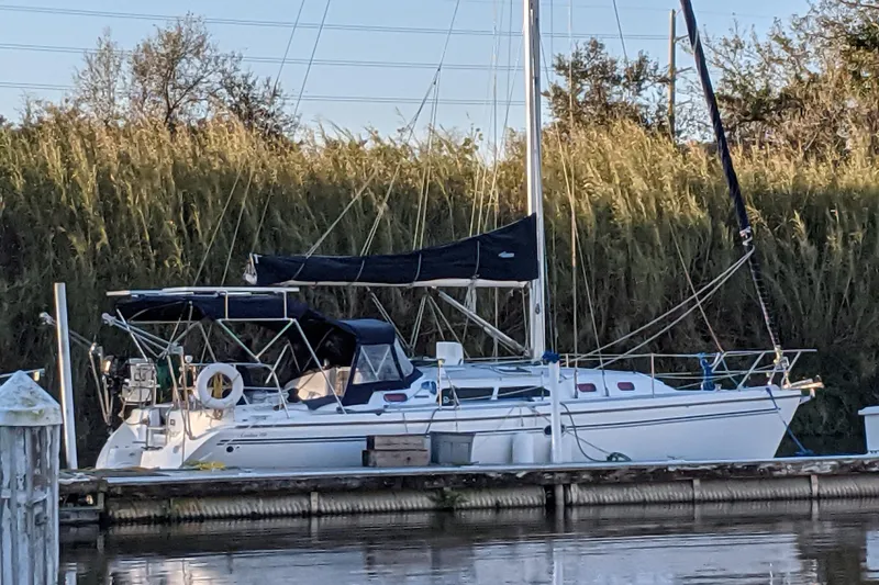 The Image of 2005 Catalina 350 MkII sailboat docked by grassy shoreline. - 0