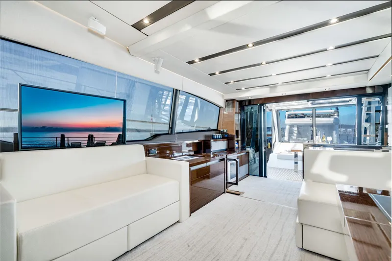 Slide: The Image of Luxurious interior of 2018 Prestige 630 yacht with modern design and scenic ocean view. - 36