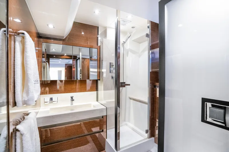 Slide: The Image of Luxurious bathroom in 2018 Prestige 630 yacht with modern fixtures and elegant design. - 67