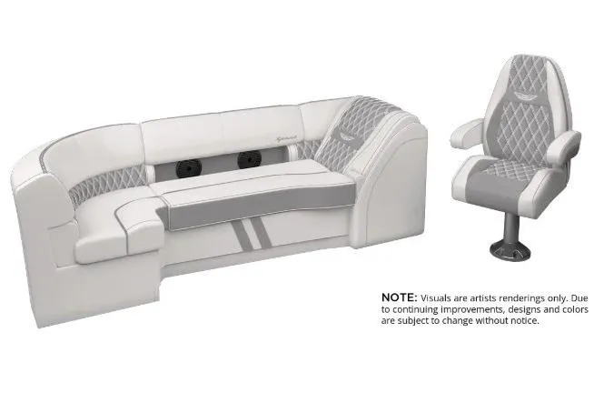 Slide: The Image of 2026 Bennington 25 RXSBA boat seating, featuring luxurious white and gray upholstery design. - 3