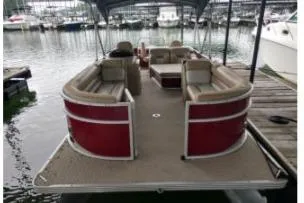 Slide: The Image of 2012 Crest CHILLER CP2 pontoon boat docked at marina. - 4
