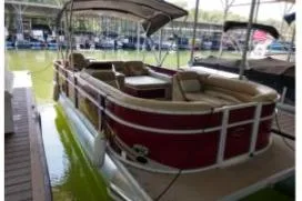 Slide: The Image of 2012 Crest CHILLER CP2 pontoon boat docked in a marina with canopy. - 5