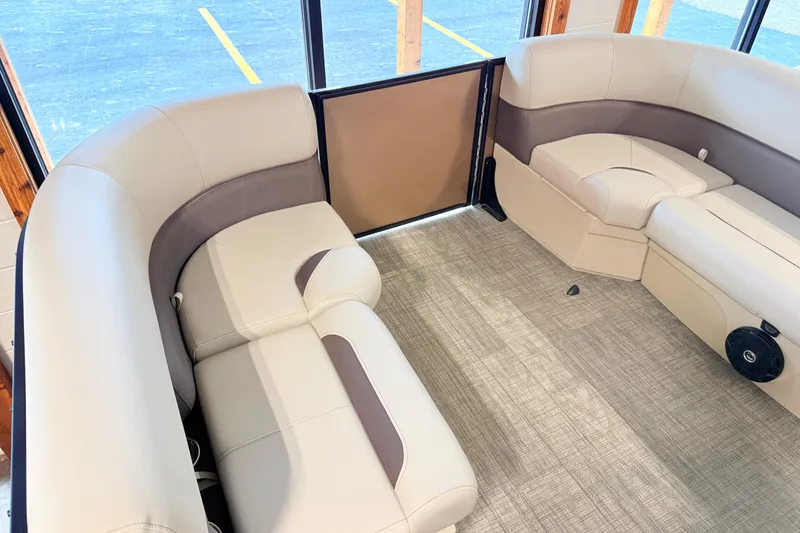 Slide: The Image of Luxurious interior of 2026 Bentley Pontoons LE 180CR with plush seating and elegant design. - 5