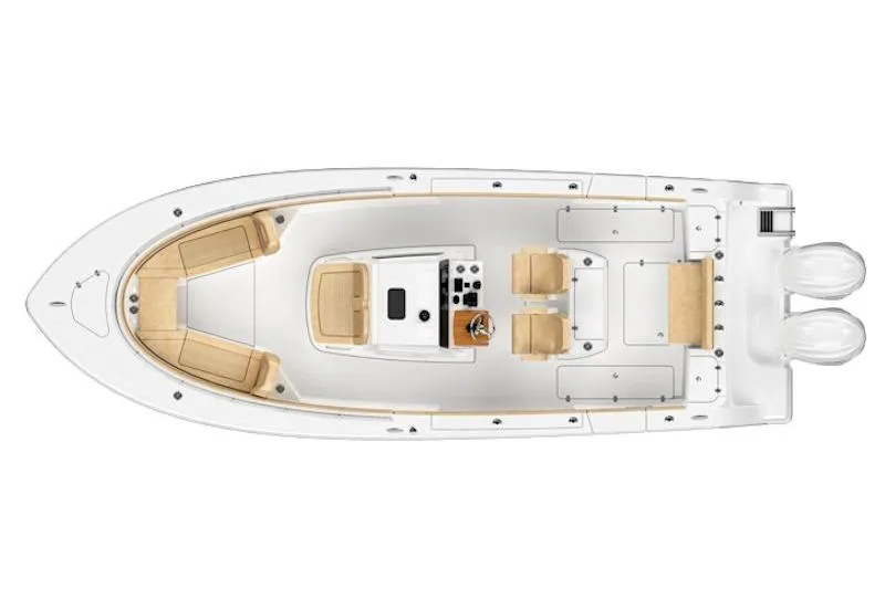 Slide: The Image of 2026 Sportsman Open 282 Center Console boat, top view, featuring dual engines and spacious seating. - 3