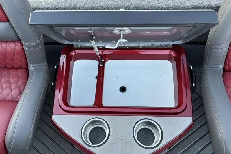 Slide: The Image of 2021 Vexus VX20 boat livewell with red and gray seating, featuring cup holders. - 18