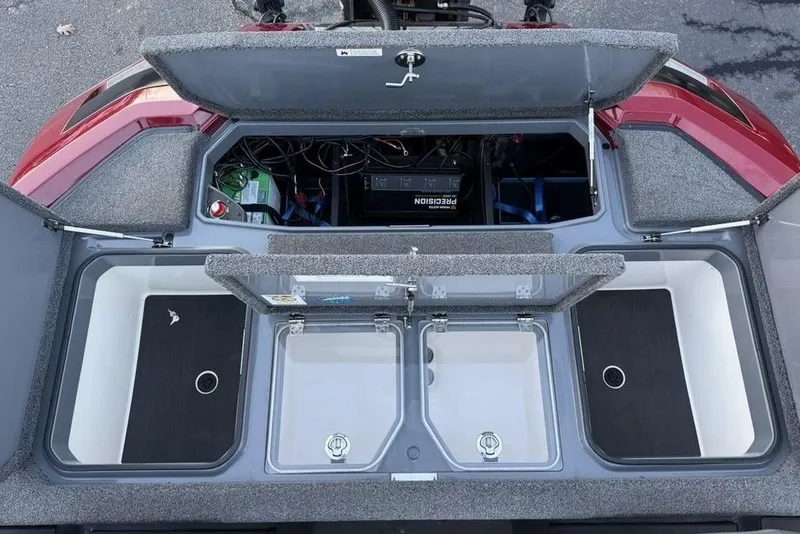 Slide: The Image of 2021 Vexus VX20 boat storage compartments with open lids, showcasing organized interior layout. - 22