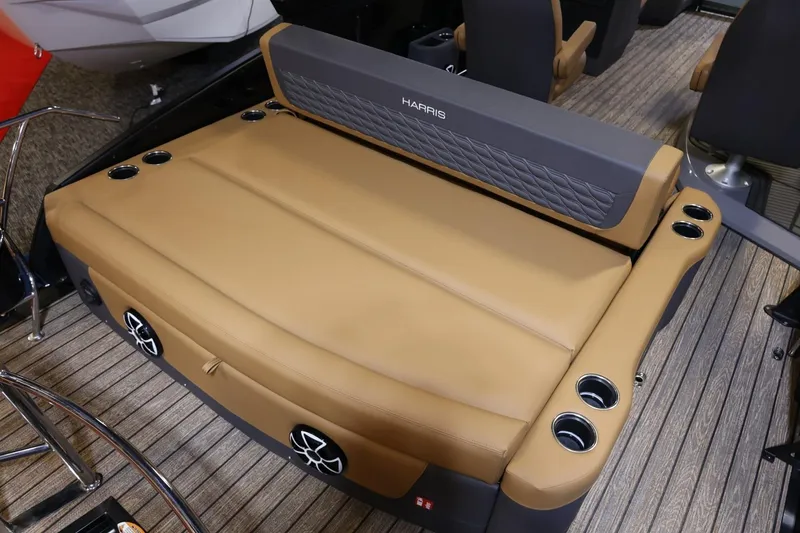 Slide: The Image of Luxurious seating on 2026 Harris Sunliner 230 Sport boat with cup holders and speakers. - 15