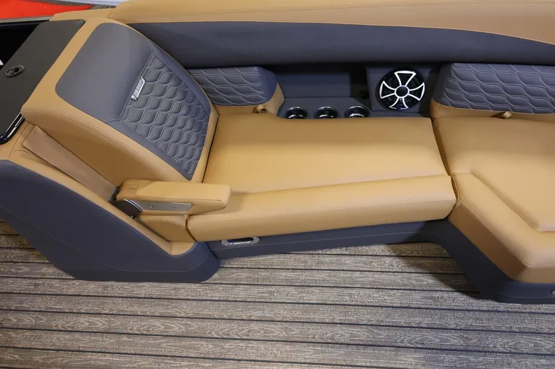 Slide: The Image of Luxurious seating on 2026 Harris Sunliner 230 Sport boat with premium upholstery and speaker system. - 24