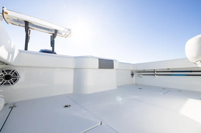 Slide: The Image of 2023 Freeman 34VH boat deck with clear sky background. - 23