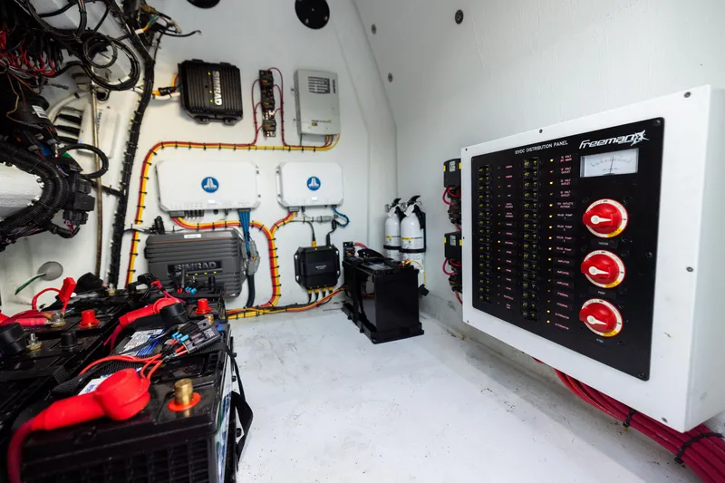 Slide: The Image of Electrical system setup in a 2023 Freeman 34VH boat, featuring batteries and control panel. - 30