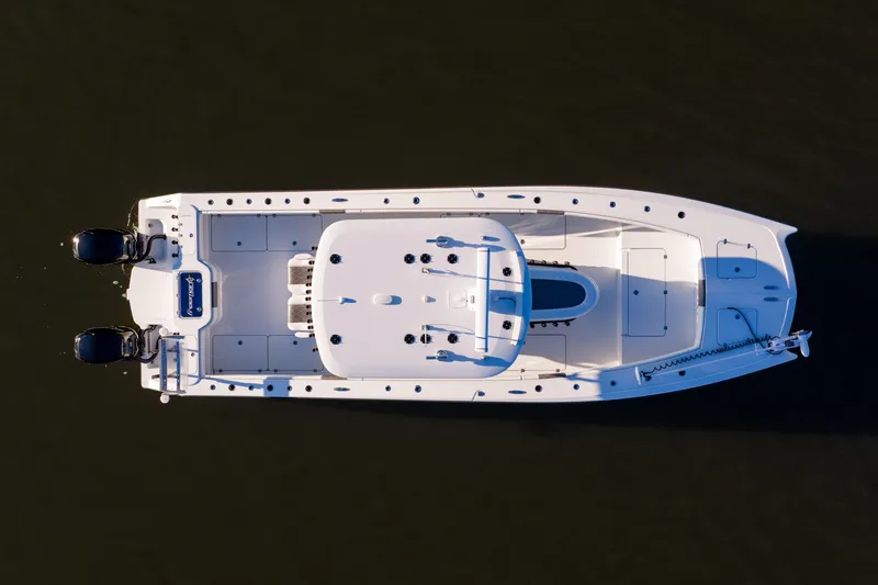 Slide: The Image of Aerial view of 2023 Freeman 34VH boat on calm water. - 4