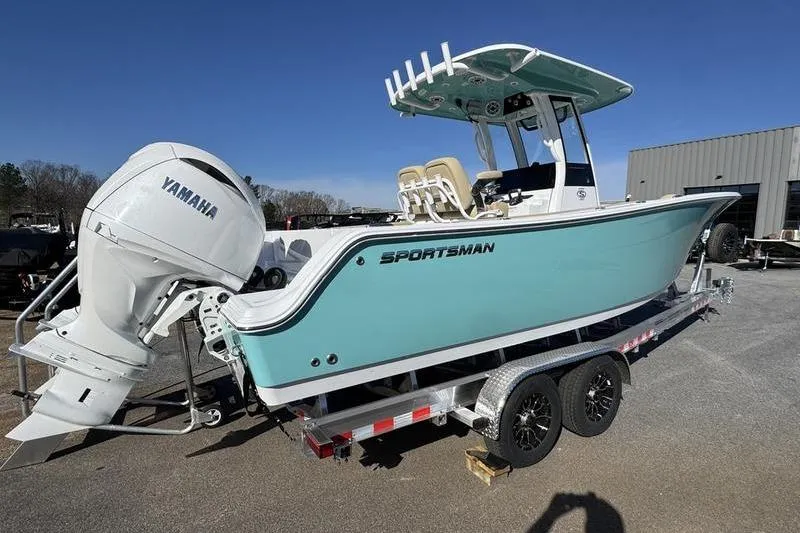 Slide: The Image of 2026 Sportsman Open 252 Center Console boat on trailer, featuring Yamaha engine. - 24